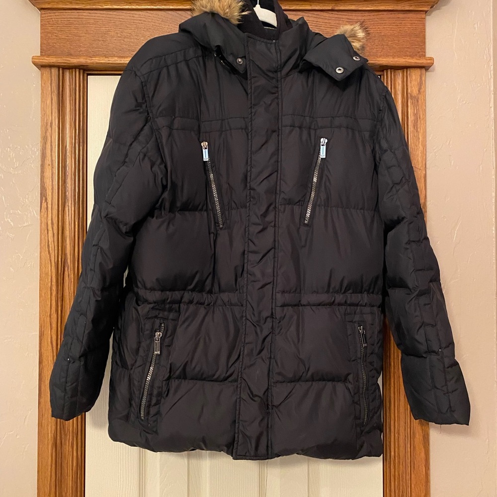 Marc Jacobs Womens Black Puffer Fur Trim Hooded Coat Jacket Sz M Waist Cincher